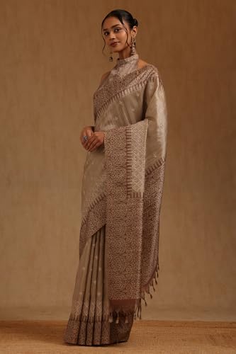 Soch Womens Brown Tussar Embroidered Saree With Thread Work