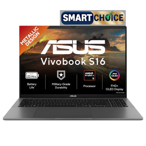 ASUS Vivobook S16 (2026),Smartchoice, AMD Ryzen AI 5 330,AMD Radeon iGPU,16GB RAM(Upgradeable),512GB SSD,FHD,OLED,16"(40 cm),Win 11,M365 Basic(1Y),Office 24,Matte Gray,1.7 Kg,M3607KA-SH149WS,AI Laptop