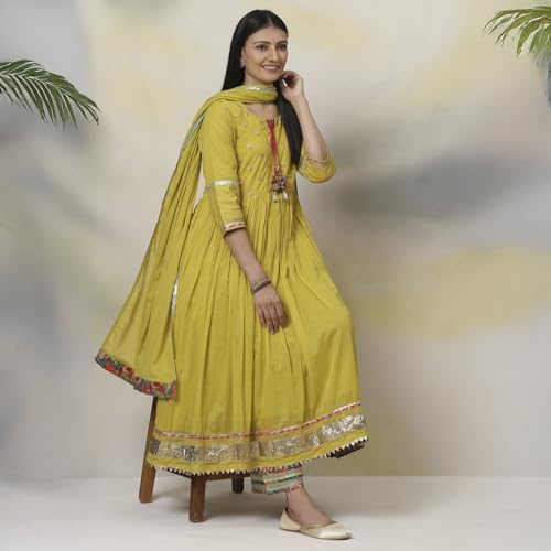 BIBA Women's Cotton Suit Set (SKD7670AW21LIGRN_Lime Green