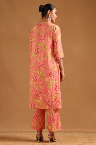 Soch Womens Peach Viscose Botanical Embroidered Co-Ords Set