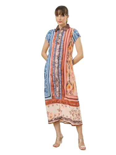 Latin Quarters Women's Rust Cap Sleeves Collar Neck Casual Printed Dress_S