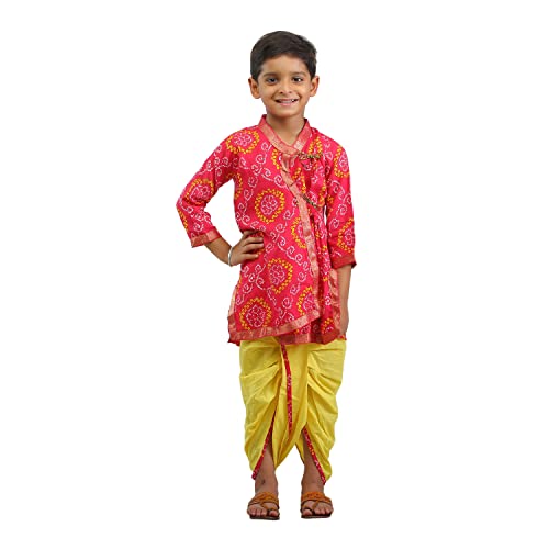 AHHAAAA Kids Ethnic Cotton Bandhani Printed Kurta Dhoti Pant Set For Boys
