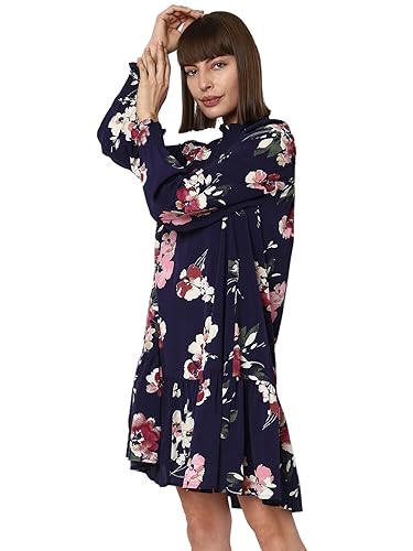 VERO MODA Women Printed Polyester Blend Knee Length Blue A-Line Dress