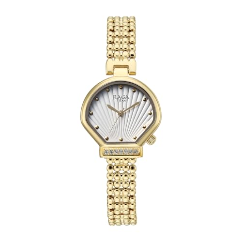 Titan Raga Spotlight with Quartz Analog White Dial Gold Brass Strap Watch for Women - 95432YM01