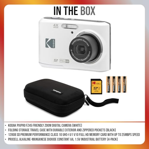 Kodak PIXPRO FZ45 Friendly Zoom Digital Camera (White) Bundle with Folding Storage Travel Case, 128GB SD Class 10 UHS-I U1 V10 Full HD Memory Card, and Procell AA (4-Pack) (4 Items)