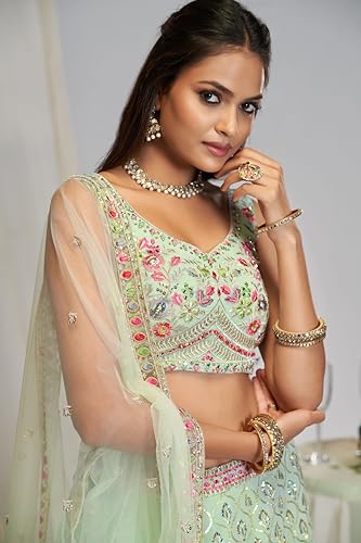JIHU CULUTURE Pista green thread embroidery georgette Semi-Stitched lehenga choli with dupatta For Women