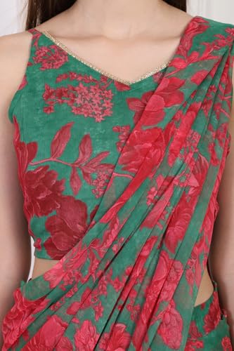 W for Woman Green Floral Printed Pre-Draped Georgette Saree with Blouse - (WS13897-127595-XL)