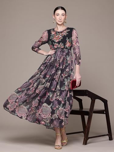 Aarke Ritu Kumar Black Moonflower Embroidered Long Dress