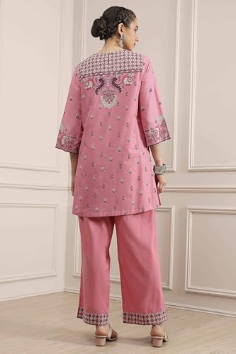 Biba Women's Light Pink Cotton Straight Printed Suit Set