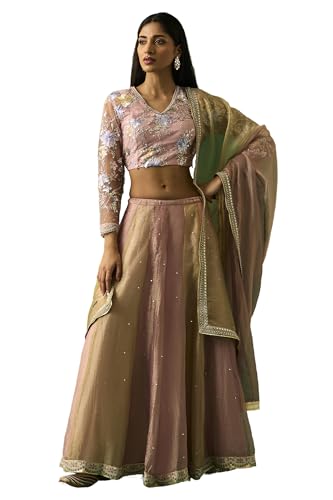 Wishful Women's Pink Floral Embroidered Blouse with Skirt and Dupatta Set - (SP11500-401087-S)