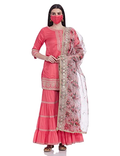 BIBA WOMEN SOLID; EMBROIDRED RELAXED SALWAR KURTA DUPATTA(SKDRUHANI7543_CORAL_38)