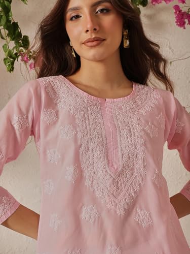 Ada Hand Embroidered Lucknow Chikankari Straight Round Neck Cotton Short Kurti Top for Women A911323 (6XL, Pink)