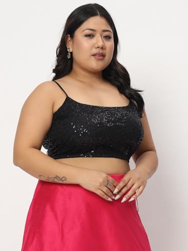 studio rasa Women's Plus Size Polyester Embellished Spaghetti Saree Blouse for Wedding Festive Party(TPWPC124BLRC01XXL_Black_XX-Large)