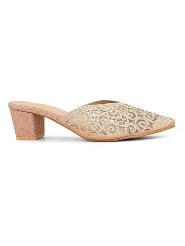 XE Looks Women's Gold Embellished & Stylish Block Heel Mules | Pointed Toe Slip-On with Intricate Rhinestone Design |Fancy & Charm Block Heels For Girls & Women