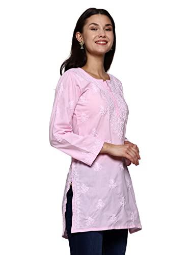 Ada Women's Cotton Top Tunic Hand Embroidered Lucknowi Chikankari Short Kurti A911262 Pink (2XL)
