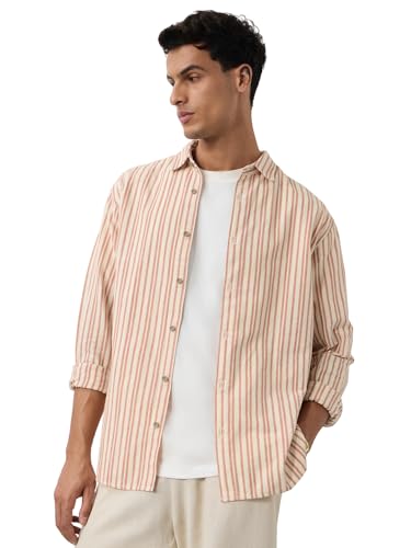 The Souled Store Cotton Linen Stripes: Apricot Men and Boys Long Sleeves Collared Neck Orange Stripes Regular Fit Lightweight Comfortable Summer Cotton Linen Shirts