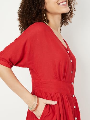 Max Women Solid V-Neck Fit and Flare Dress (WDRS33007RUBY)_XS, Below The Knee