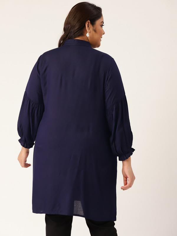 theRebelinme Plus Size Women's Navy Blue Solid Color Tie-Up Neck Tunic