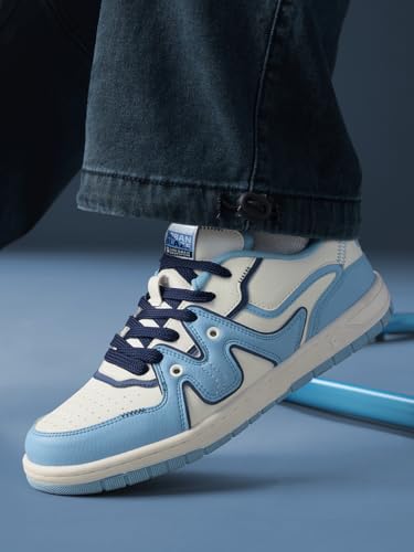 The Souled Store Urban Blaze: Blue Moon Men and Boys Low Top Sneakers | Light Blue, White & Navy Blue Retro Trainer with Faux Leather, Cushioned EVA Sole & Lace-Up Closure