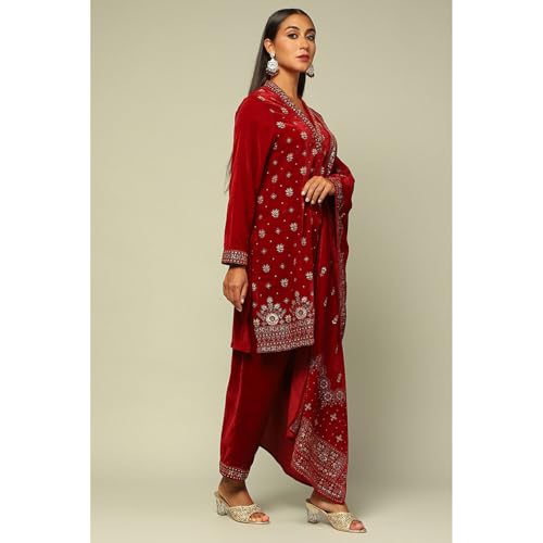 Rangriti Women's Poly Velvet Kurta Set (WNTRWR20383AW24RED_Red