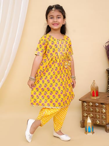 superminis Baby Girls Printed Frock Style Kurti With Dhoti Style Salwar Ethnic Dress (Yellow, 4-5 Years)