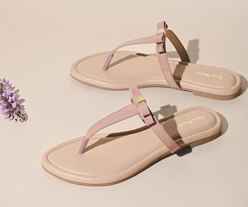 LOUIS STITCH Women’s Slip-On T-Strap Flat Sandals | Open Toe Peach Pink Stylish Sandal for Ladies, Fashionable and Comfortable Sandal | LSOF-FI01-TSNU | (UK 8)