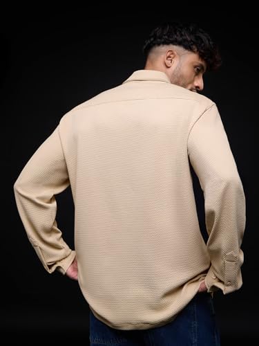 The Souled Store Textured Shirt: Dune Men and Boys Long Sleeve Spread Collar Beige Casual Easy to Style Everyday Office Wear Cotton Solid Relaxed Shirt