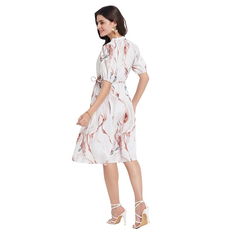METTLE Women Abstract Print Tie-Ups Puff Sleeves Fit & Flare Dress