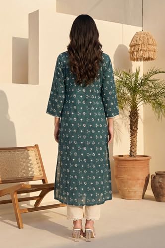 W for Woman Teal Green Geometric Printed Lace Pure Cotton Straight Kurta - (W14160-127685-L)