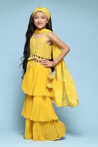 BIBA Girls SOLID; EMBROIDRED SHORT_KURTA KID(KW5444_YELLOW_13)