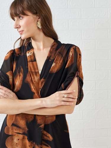 Latin Quarters Women's Brown Half Sleeves V-Neck Printed Casual Maxi Dress_S