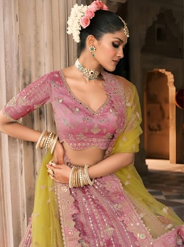 Designer Bridal Lehenga Choli Set, Pink and Yellow Ombre with Embroidery