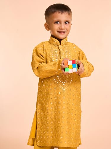 Manyavar Boys Viscose Blend Grid Embroidery & Sequins Kurta Pyjama Set (Mustard,2-3Y)