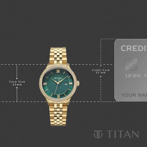 Titan Purple Prestige Quartz 3 Hands + Date Round Green Dial, Gold Stainless Steel Strap Watch for Women - 95247YM01