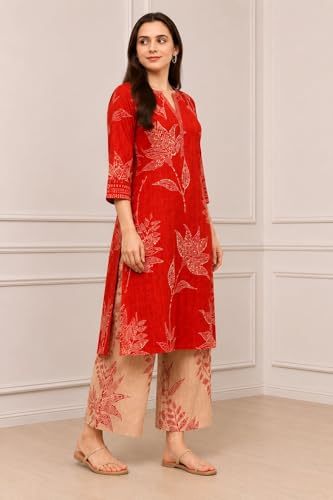 Biba Women Red Viscose Rayon Printed Straight Suit Set_32