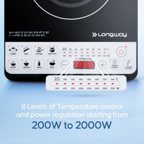 Longway Cruiser IC PB 2000 Watt Induction Cooktop with Auto Shut-Off & Over-Heat Protection With 8 Cooking Mode & BIS Approved (Black, Push Button)