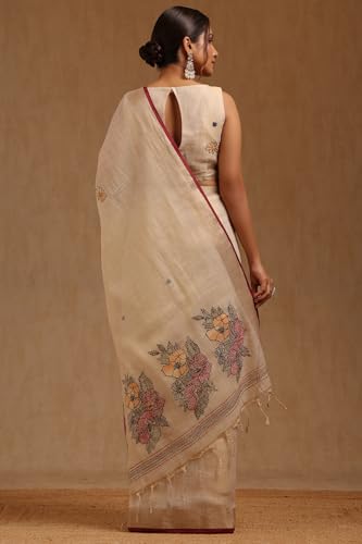 Soch Womens Beige Linen Embroidered Saree With Thread Work