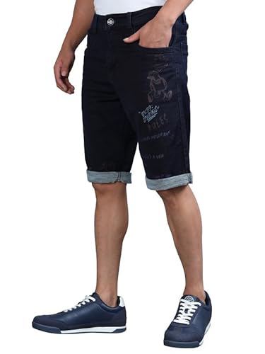 BEEVEE Men’s Cotton Navy Text Printed Casual Shorts | 100% Yarn Dyed Structured Fabric, Mid Rise, Knee Length with Button Closure