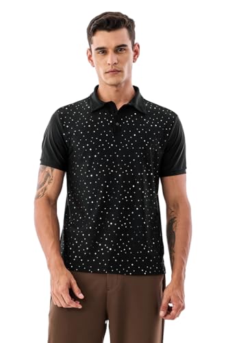 SNITCH Men's Polo T-Shirt | Polka Dot Pattern & Buttoned Closure | Premium Nylon Spandex Blend Fabric, Breathable & Stretchable Material | Casual & Semi-Formal Wear | Black