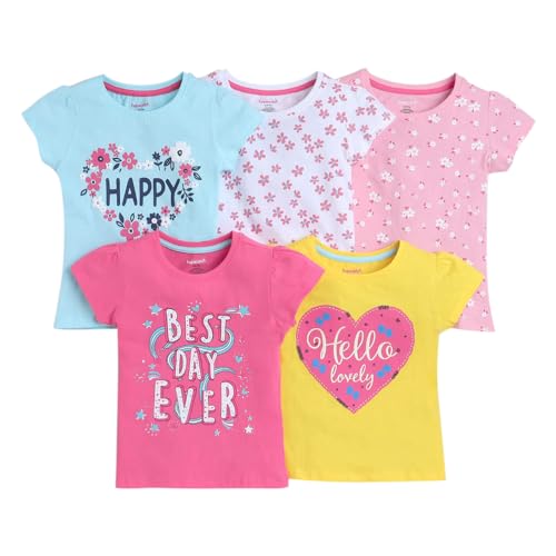 Hopscotch Girls Cotton Printed All-Over Print T-Shirts - Pack of 5 In Multi Color for Ages 7-8 Years