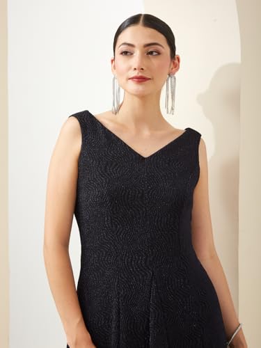 Latin Quarters Women Blue V- Neck Sleeveless A-Line Solid Party Dress_M