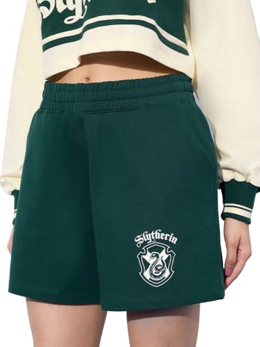 The Souled Store Harry Potter: Slytherin Prefect Women and Girls Elasticated Green Graphic Printed Regular Fit Above The Knee Cotton Lounge Shorts
