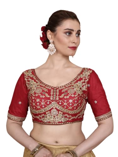 S SALWAR STUDIO Red Silk Sweetheart Neck Embroidered Readymade Alterable Padded Saree Blouse