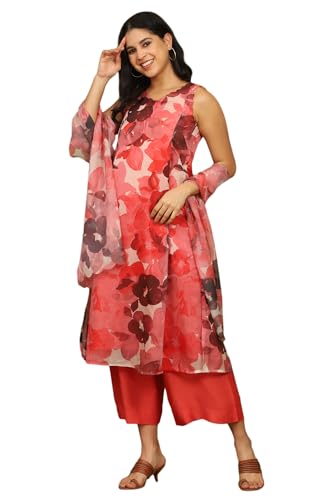 W for Woman Crimson Red Bold Floral Printed Organza Flared Kurta, Pants and Dupatta Set (Size: M)-WS12238-125263