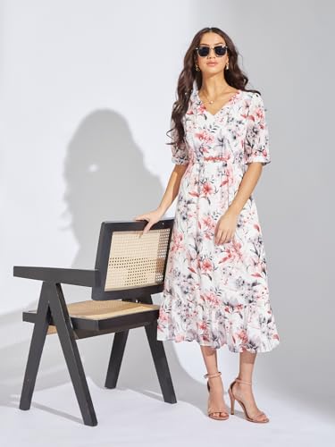 Latin Quarters Women Maroon V-Neck Half Sleeve Printed Midi A-Line Dress Casual for Wear_L