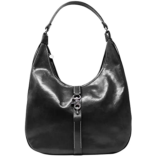 Floto Puglia Italian Leather Women's Shoulder Bag Handbag Purse, Black, Large