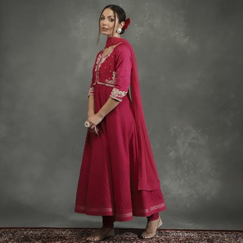 BIBA Women's Silk Chanderi Kurta Sets (CKD10745AW24FUS_Pink