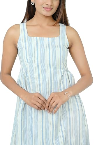 WE WORTH Women’s Striped Sleeveless Midi Dress | Square Neck Fit & Flare Casual Summer Dress for Girls (in, Alpha, M) White