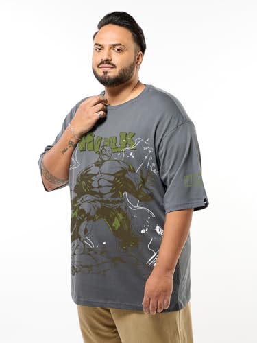 Bewakoof Official Marvel Merchandise Hulk Men's Graphic Print Oversized Fit Half Sleeve Round Neck Cotton Plus Size T-Shirt_694209_Grey_4XL