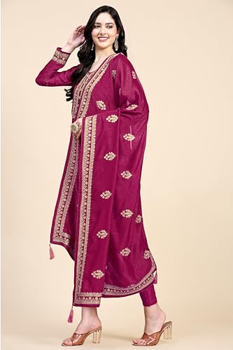 TRENDMALLS Women's Vichitra Silk Embroidery Salwar Suit Set Kurta Pant with Dupatta (G142-Pink-XL)
